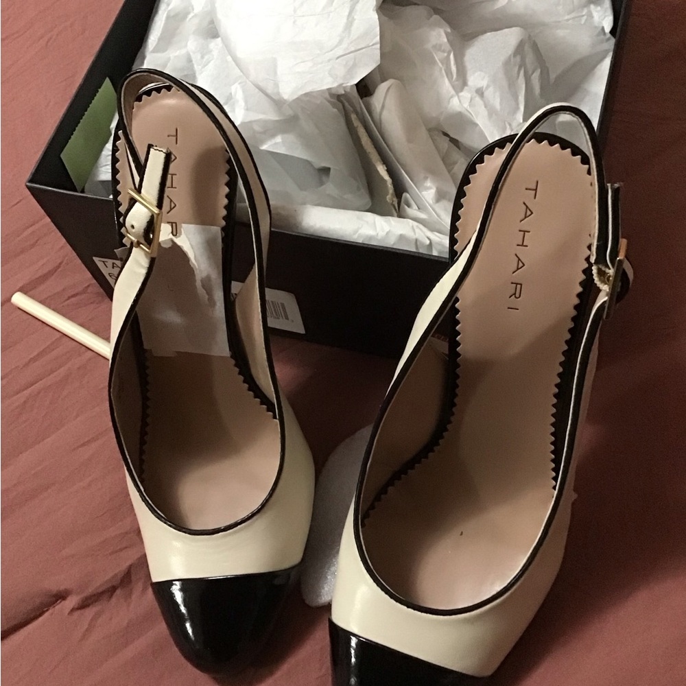 Tahari Black and Cream Slingback Heels with Cap Toe